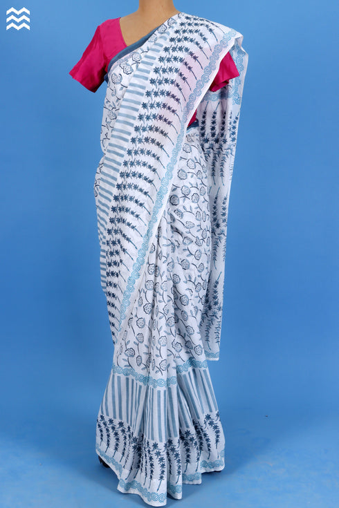 Mulmul Cotton Saree With Fall In Floral Block Print